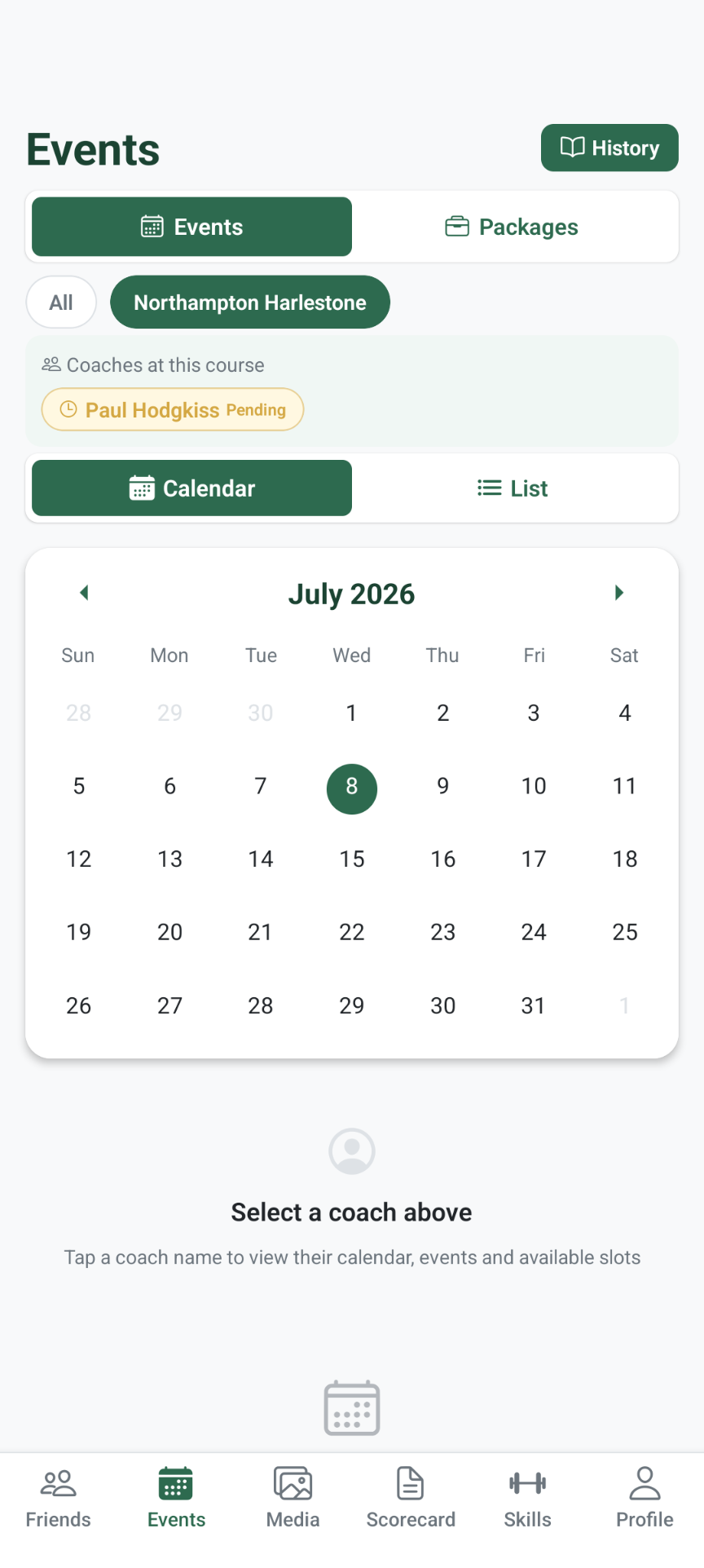 Coaching events and booking calendar